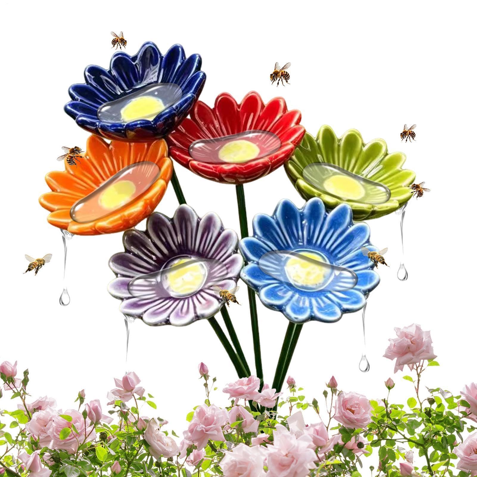 6 Pieces Flower Shaped Bird Bath Waterer Cup - Ceramic Bee Watering Station, Butterfly Drinking Bowl, Decorative Glazed Clay Backyard Wildlife Hydration Feeder Cups Set | Handcrafted Colorful Pollinat