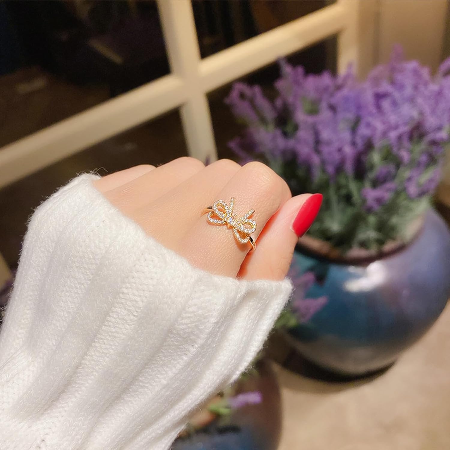 HETICA Bow Ring for Women, Zirconia Butterfly Ring Adjustable Open Rings Ribbon Jewelry Gift - Image 7