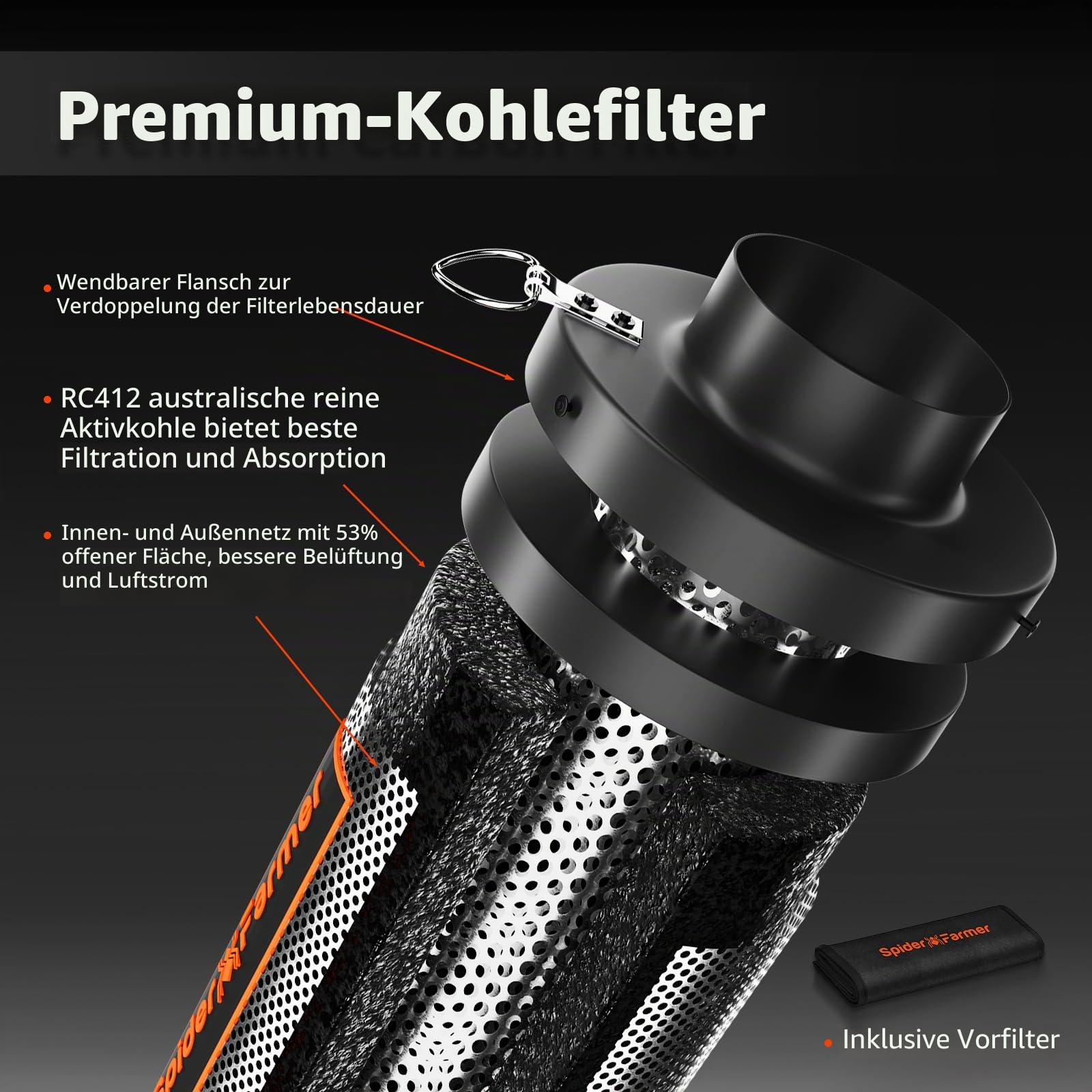 Spider Farmer Rohrventilator 100mm 4 Inch Abluftset mit RJ12 Drehzahlregler Aktivkohlefilter 27W 205 CFM Belüftungssystem für Growzelt