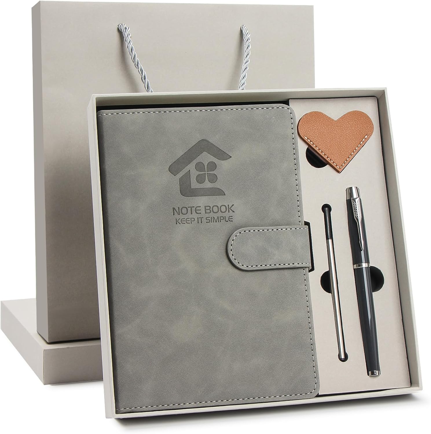 Leather Notebook Gift Set - A5 Hardcover Journal with Pen & 6 Heart Bookmarks, Gift Box + Bag(Gray)