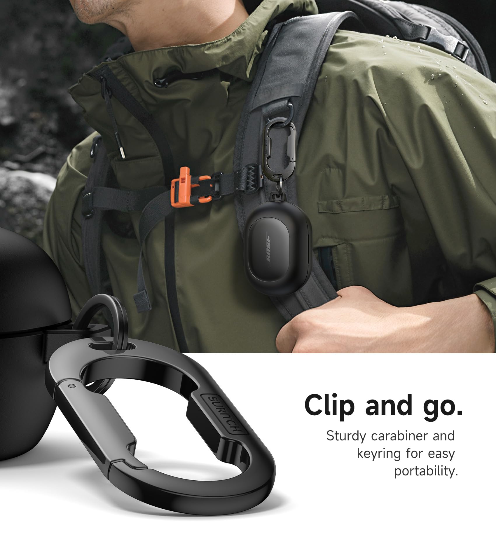 SURITCH Magnetyczne etui na słuchawki douszne Bose New QuietComfort (2024), wytrzymała, odporna na wstrząsy osłona ochronna do słuchawek Bose QuietComfort z magnetycznym lokiem, karabińczykiem i