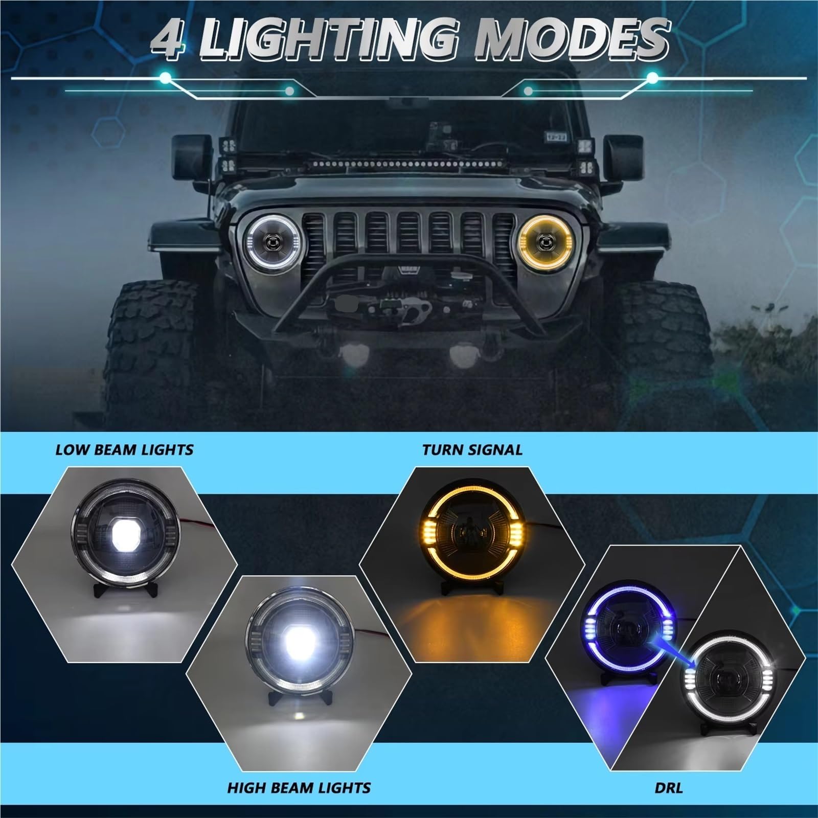 LED Redondo Azul DRL Para Jeep Para Wrangler SUV H4 6000K 32V 7 Pulgadas Faro De Alta Potencia 250W 30000LM Faros