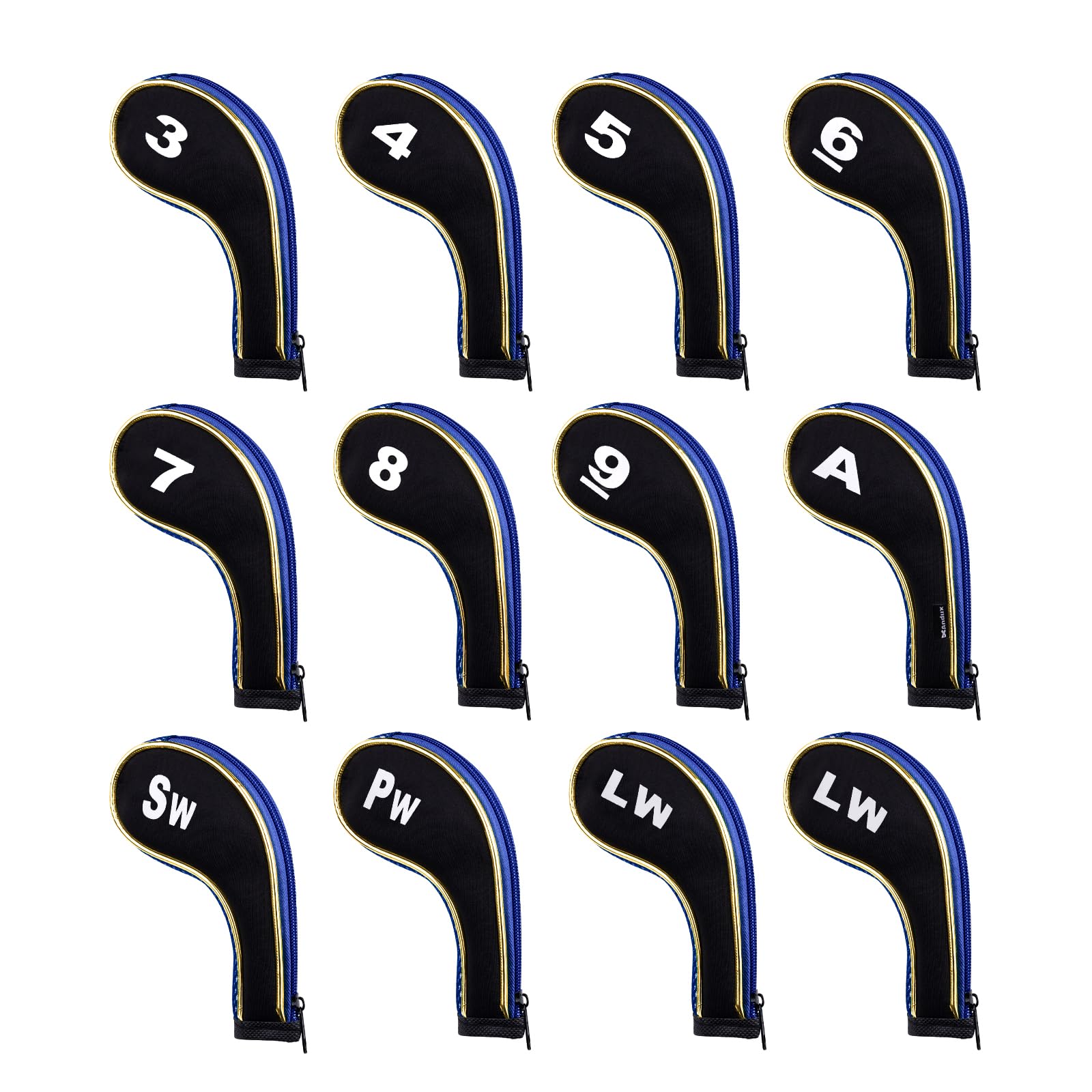 Andux Gold Golf Iron Club Head Covers No. on both Sides Long Neck with Zipper 12pcs/Set Black/blue