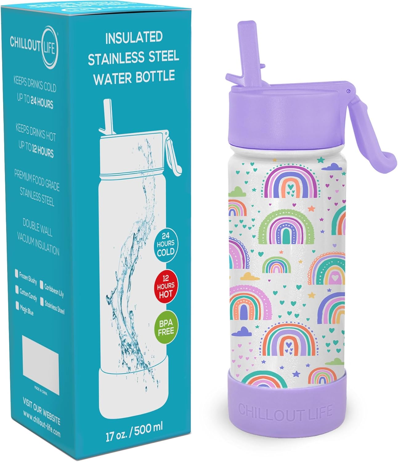 CHILLOUT LIFE 17 oz Kids Insulated Water Bottle for School with Straw Lid Leakproof and Cute Waterproof Stickers, Personalized Stainless Steel Thermos Flask Metal Water Bottle - Image 2