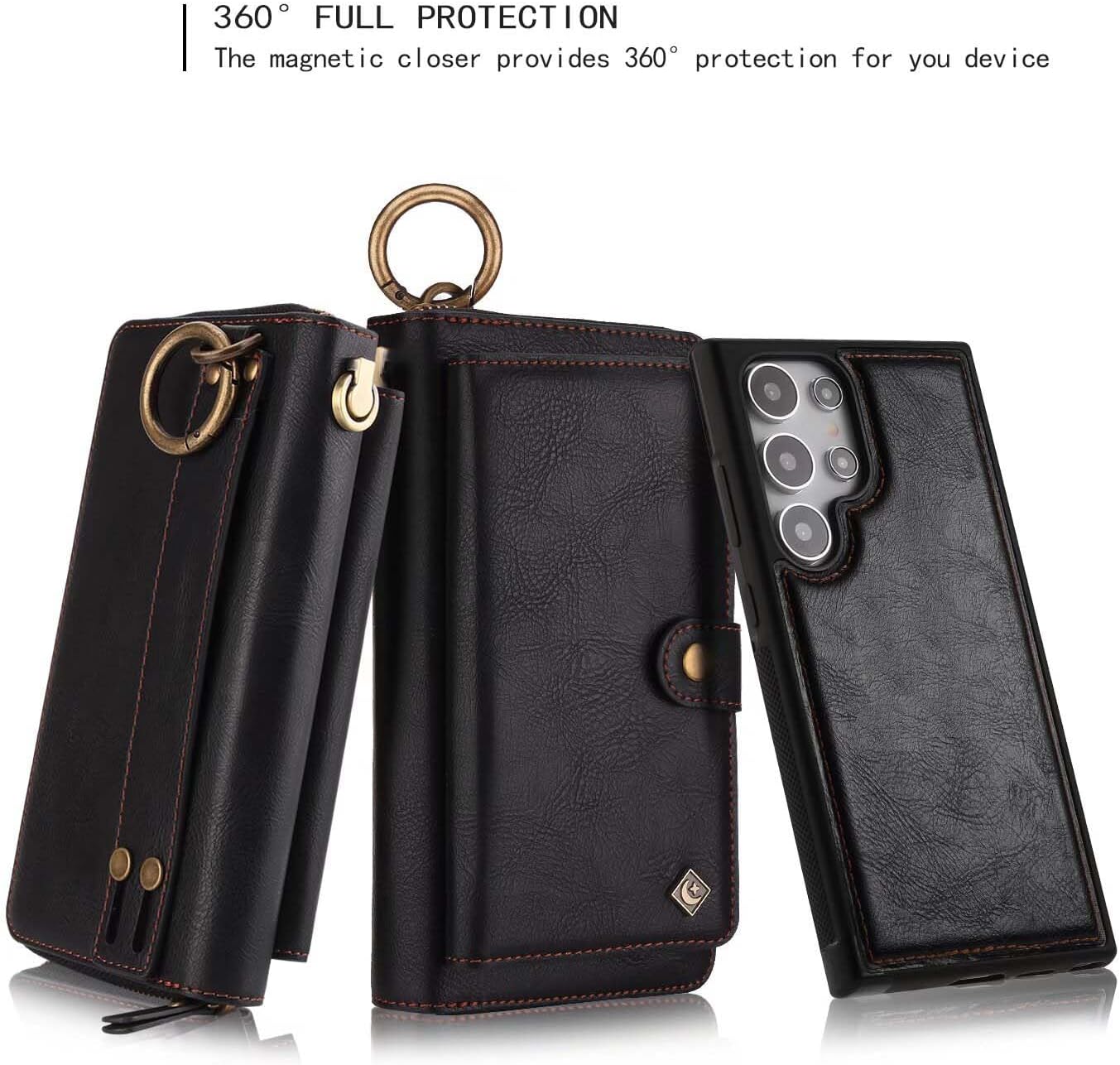 LITOU Compatible for Samsung Galaxy S24 Ultra Phone Case Wallet for Women Men, Card Holder Magnetic Detachable Wristlets Clutch Zipper Leather Wallet Flip Case for Galaxy S24 Ultra.Black