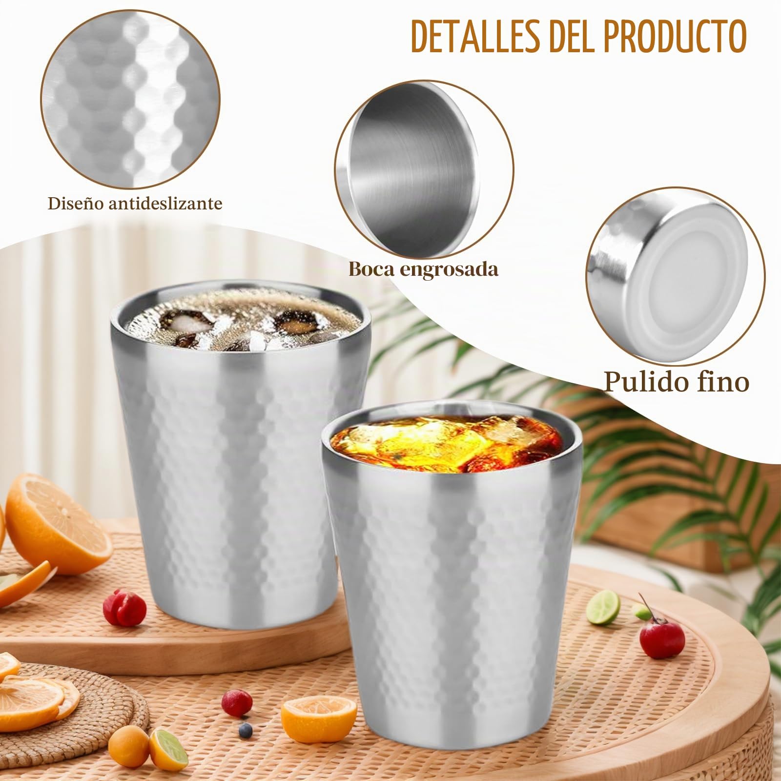 2 Piezas Vasos Acero Inoxidable 260 ml, Tazas de Metal Reutilizables, Taza Camping de Metal de Pulido Martillado, Apilable y Reutilizable Para Caminatas, Campamentos y Festivales De Fiesta