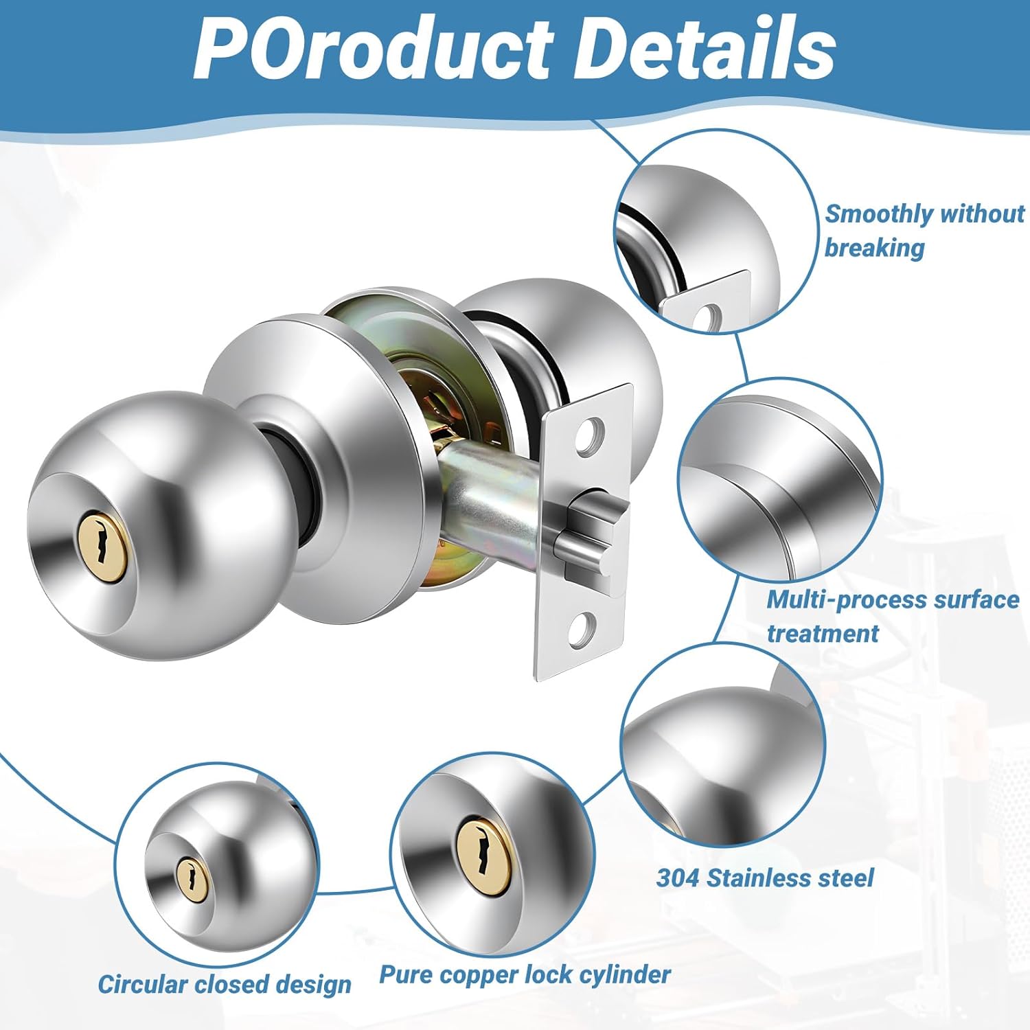 SHENLIU 6pcs Door Knob with Lock & Different Keys, 60/70mm Adjustable Ball Stainless Steel Entry Doors Lock Exterior Interior Door Handles for Bedrooms Bathroom Entrance and Front Doors