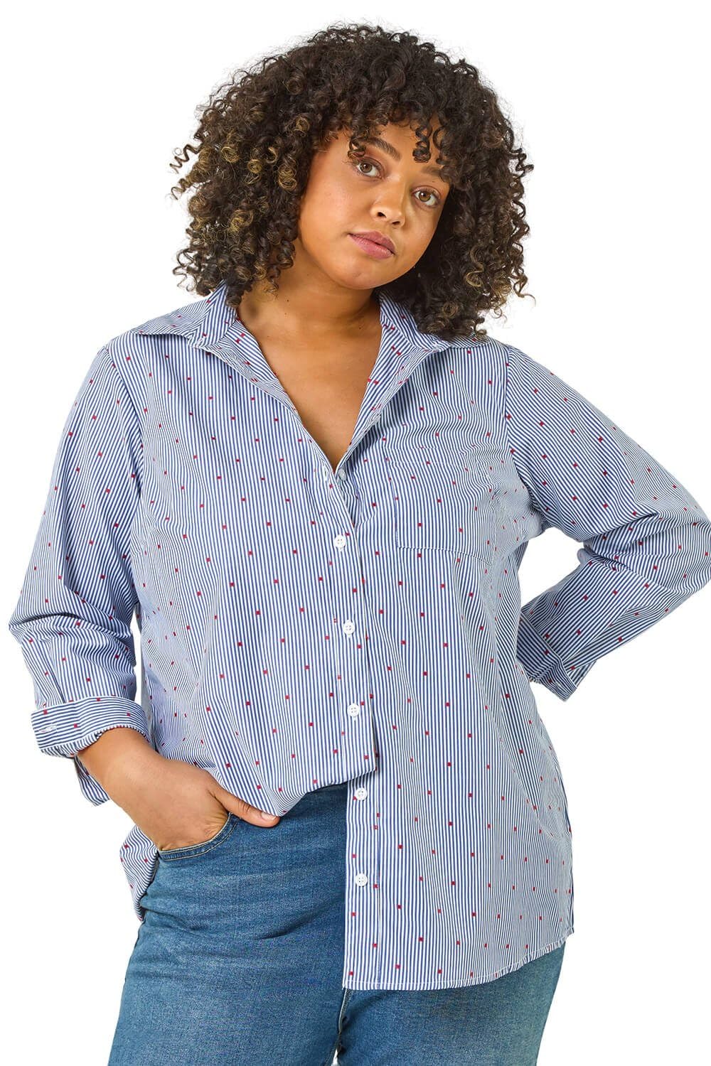 Roman Originals Women's Blue Plus Roman Curve Shirt For Cotton Blouse Button Through Tunic Printed Top Work Long Sleeve Smart Casual Going Out Work Office V Neck Everyday Evening Event - Size 18