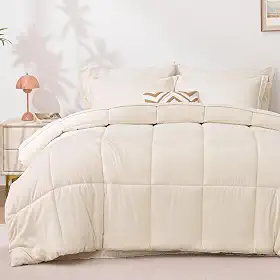 Love's cabin Conjunto de edredom king size bege, 7 peças, cama king size em uma bolsa, 1 edredom para todas as estações, 1 lençol de cima, 1 lençol com elástico, 2 fronhas e 2 fronhas