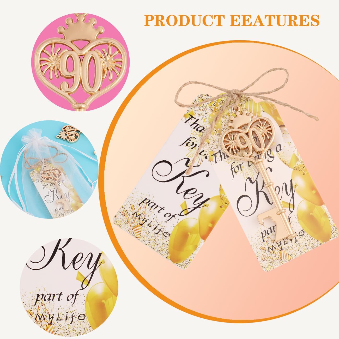 90 Birthday Party Favors Key Bottle Opener, 90th Beer Opener Keychain Favors for Guests with Organza Bags and Thank You Cards,Beer Keychain Bottle Openers for Birthday Decoration Supplies
