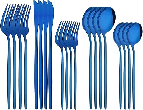 Silverware Set 20 Piece Family Dinnerware Set Flatware Set Service For 4 Blue Tableware Sets Cutlery Great For Family Gatherings & Daily Use Spoons, Knives, Forks