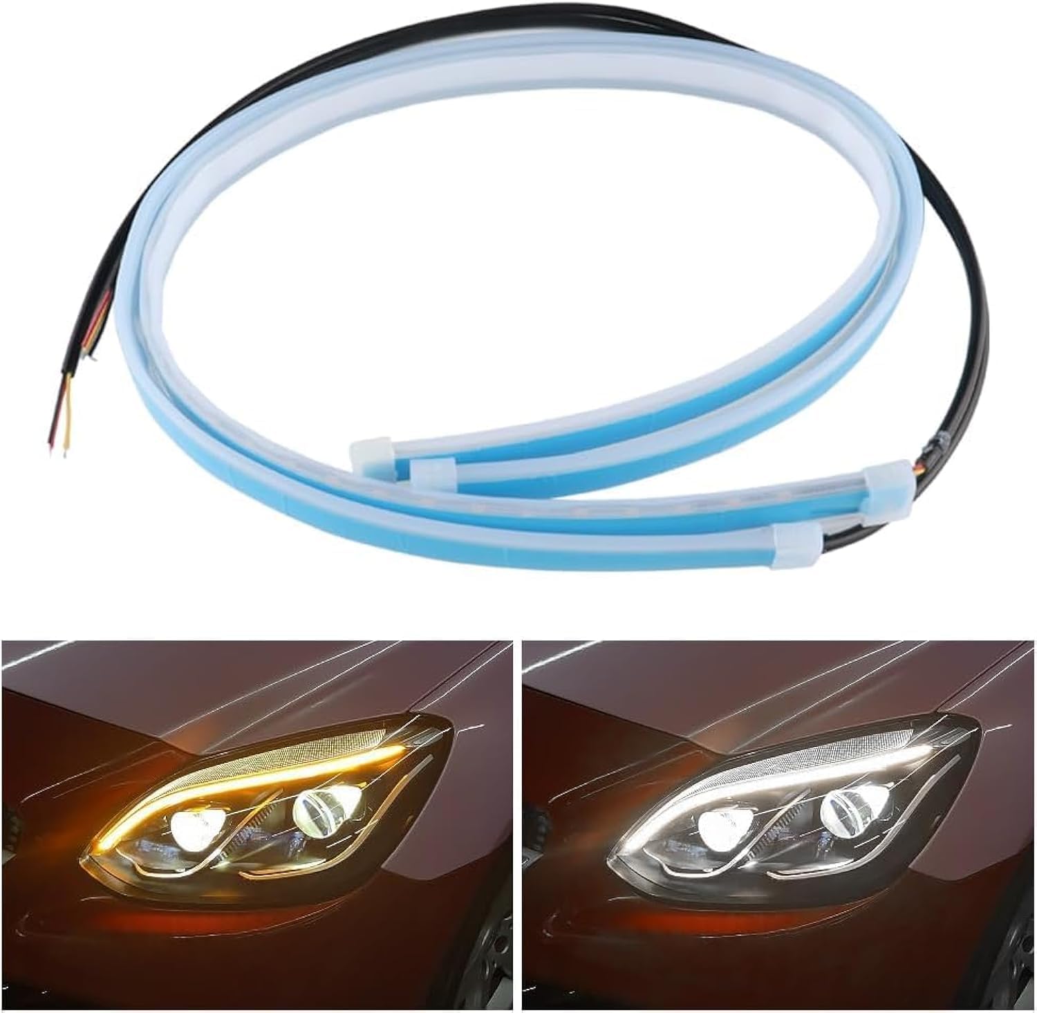Karessories 2 Pack Car DRL LED Light Strip | White and Amber Headlight Strip Tube | Daytime Running Light Waterproof | 60cm