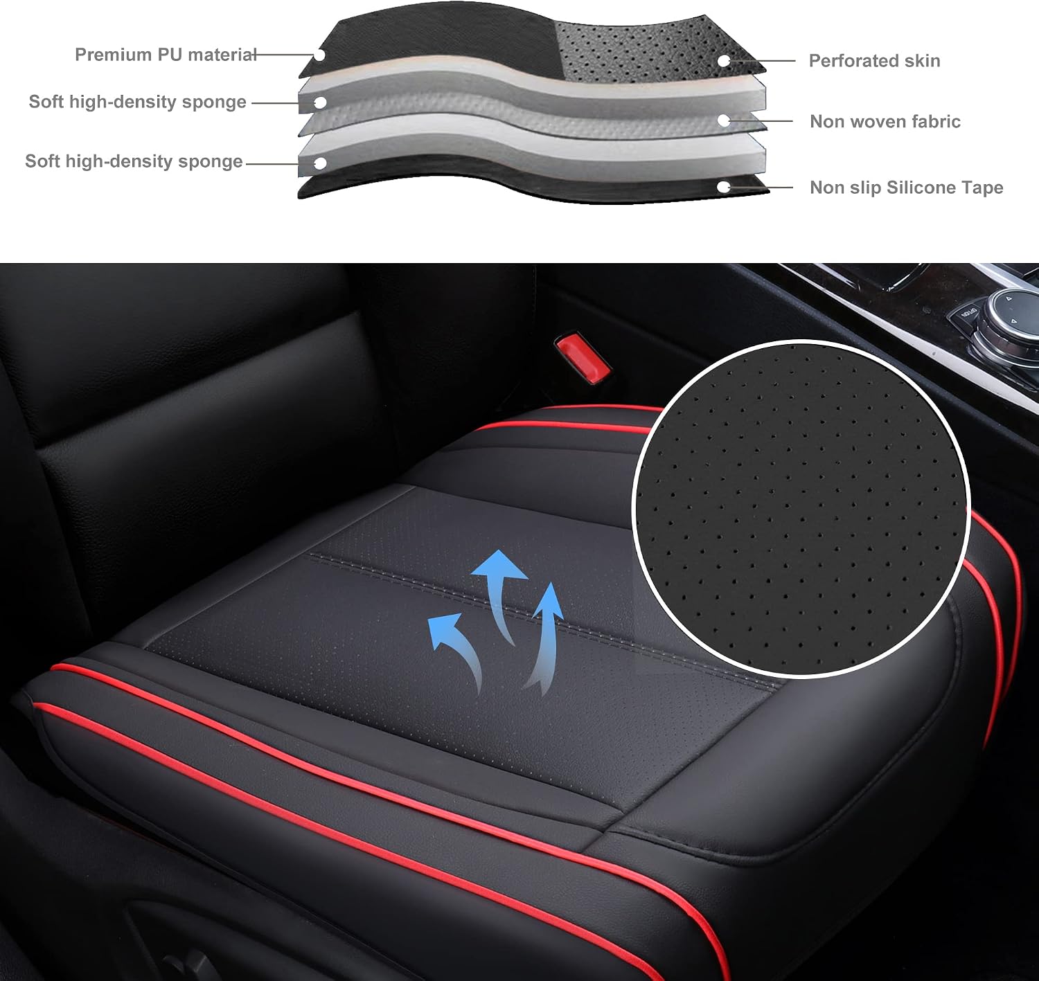 2PCS Car Front Seat Cushion Universal fits 5-Seat Vehicles Front Seat Cover Seat Protector, Black with Red Line