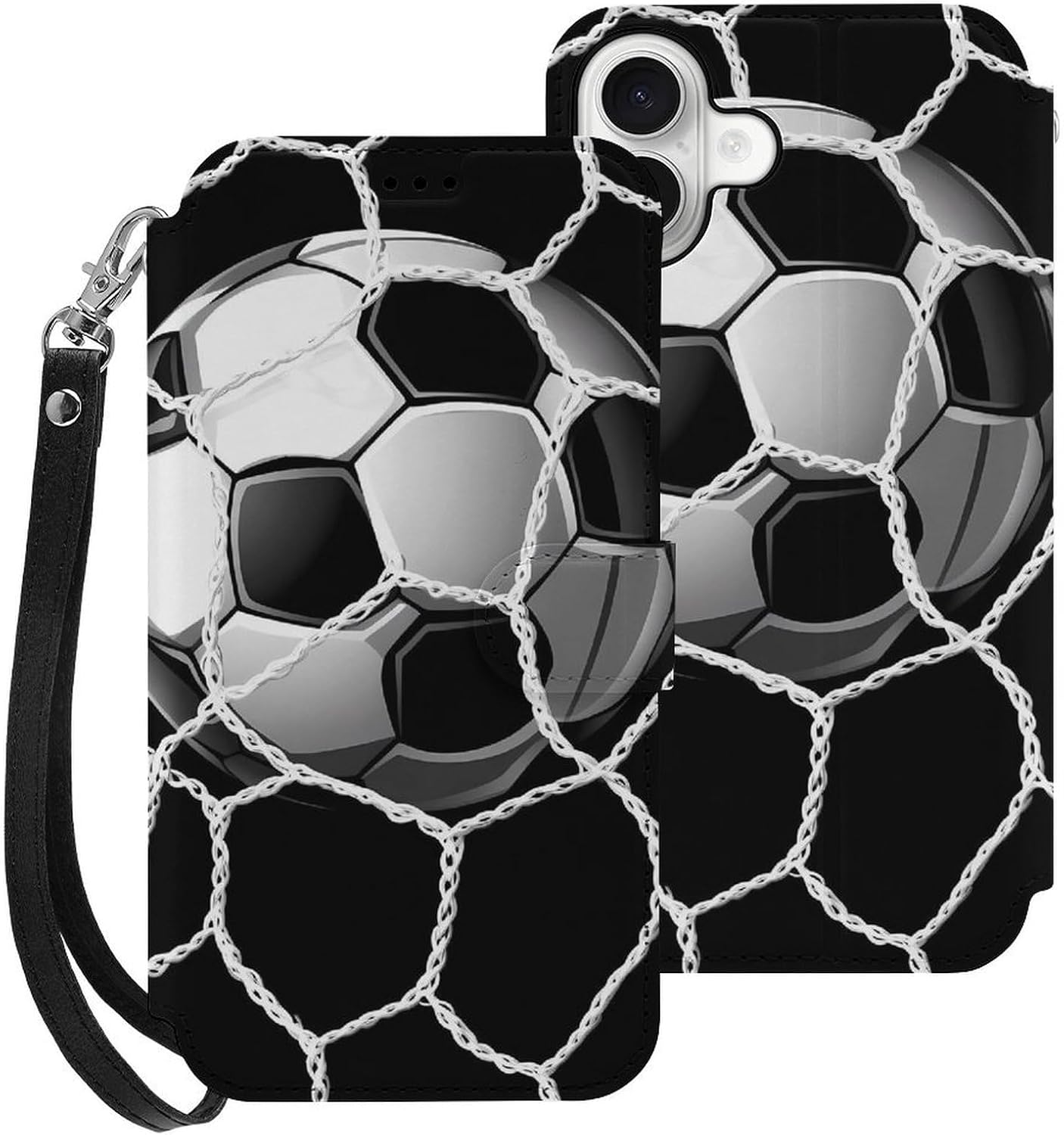 Soccer Ball Football Net Compatible with iPhone 16/16 Plus/16 Pro/16 Pro Max/16 E Case Phone Wallet Card Holder Flip Cover with Wrist Strap