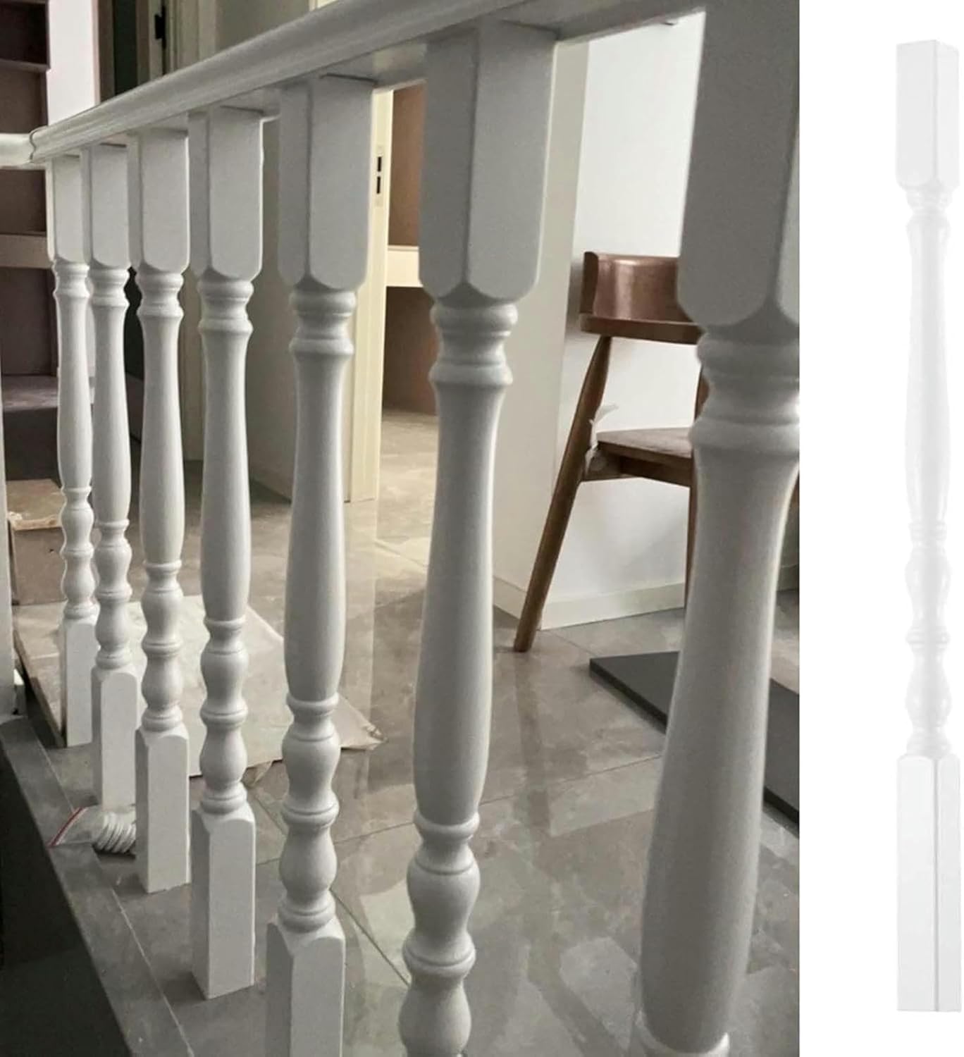 Stair Balusters Wooden Stair Spindles Balustrades, Interior White Stair Railing Balusters Post for Attic/Corridor/Deck, Steps Banister Column with Screws