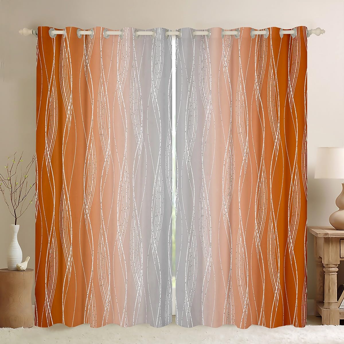 Homewish Gradient Orange and Greyish White Window Curtains, 46" W x 72" L, Abstract Burnt Orange Ombre Curtains - Image 2