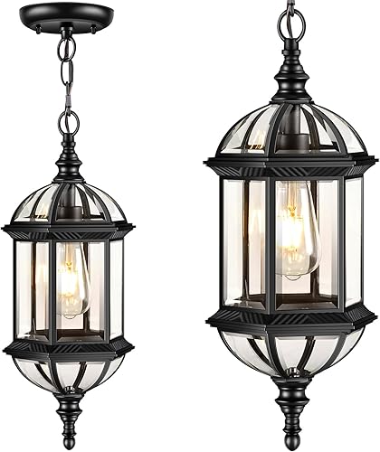 Miniatura 9 de VIANIS Lámpara colgante grande de 13.8 pulgadas para exteriores, luces colgantes negras para porche con vidrio templado, antioxidante, luz de techo