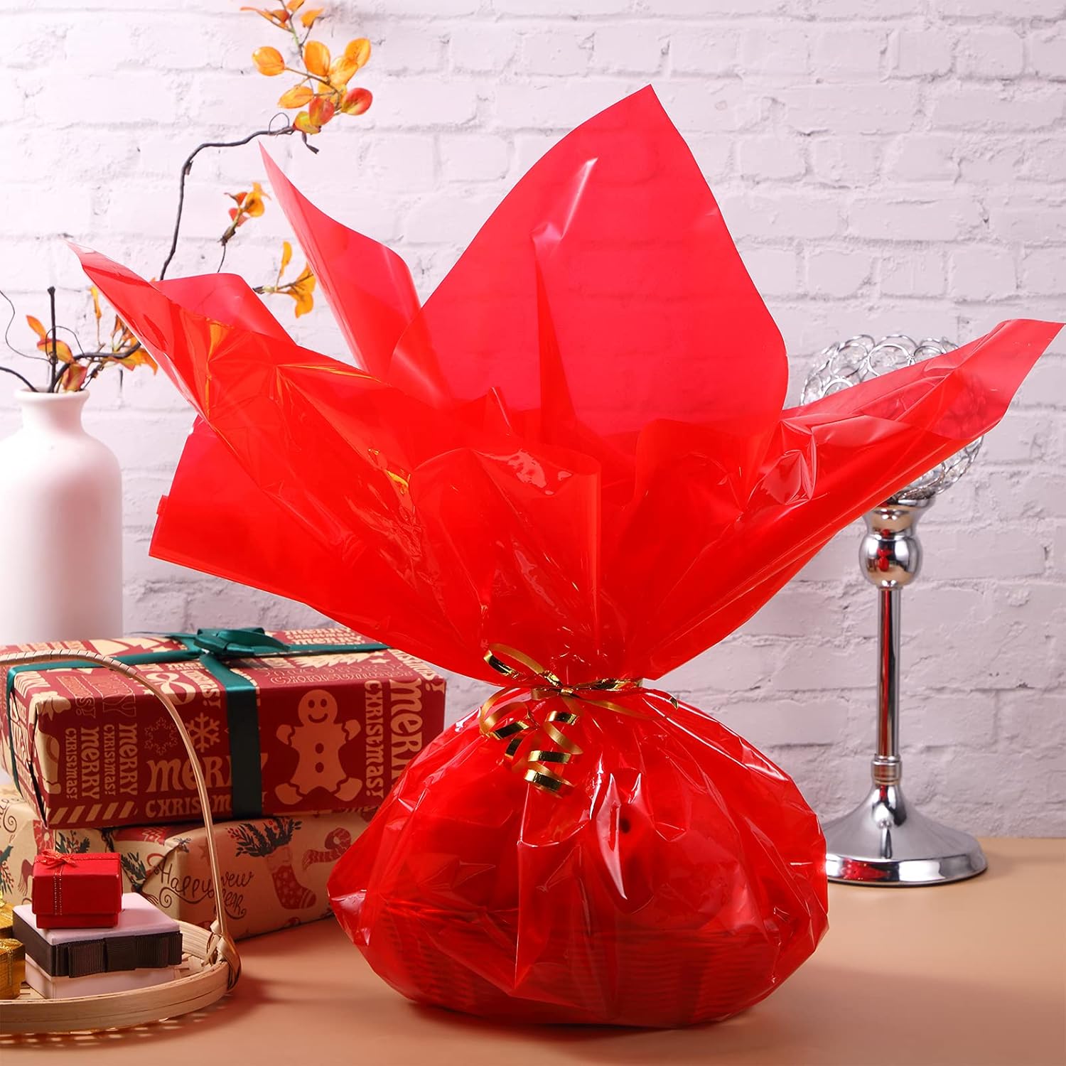 31.5 Inch x 100 Ft Cellophane Wrap Roll Cellophane Bag Cellophane Basket Wrap with 10 Rolls Colorful Curling Ribbon Metallic Curling Balloon Ribbon for Flowers Baskets Handicraft Crafts (Red) : Health & Household