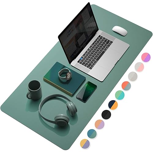 YSAGi Desk Mat, Desk Pad, 35.4" x 17" Laptop Leather Desk Pad Protector, Large Leather Desk Blotter for Keyboard and Mouse, Dual-Sided Desk Writing Pad for Office (Pistachio Green + Green Blue)