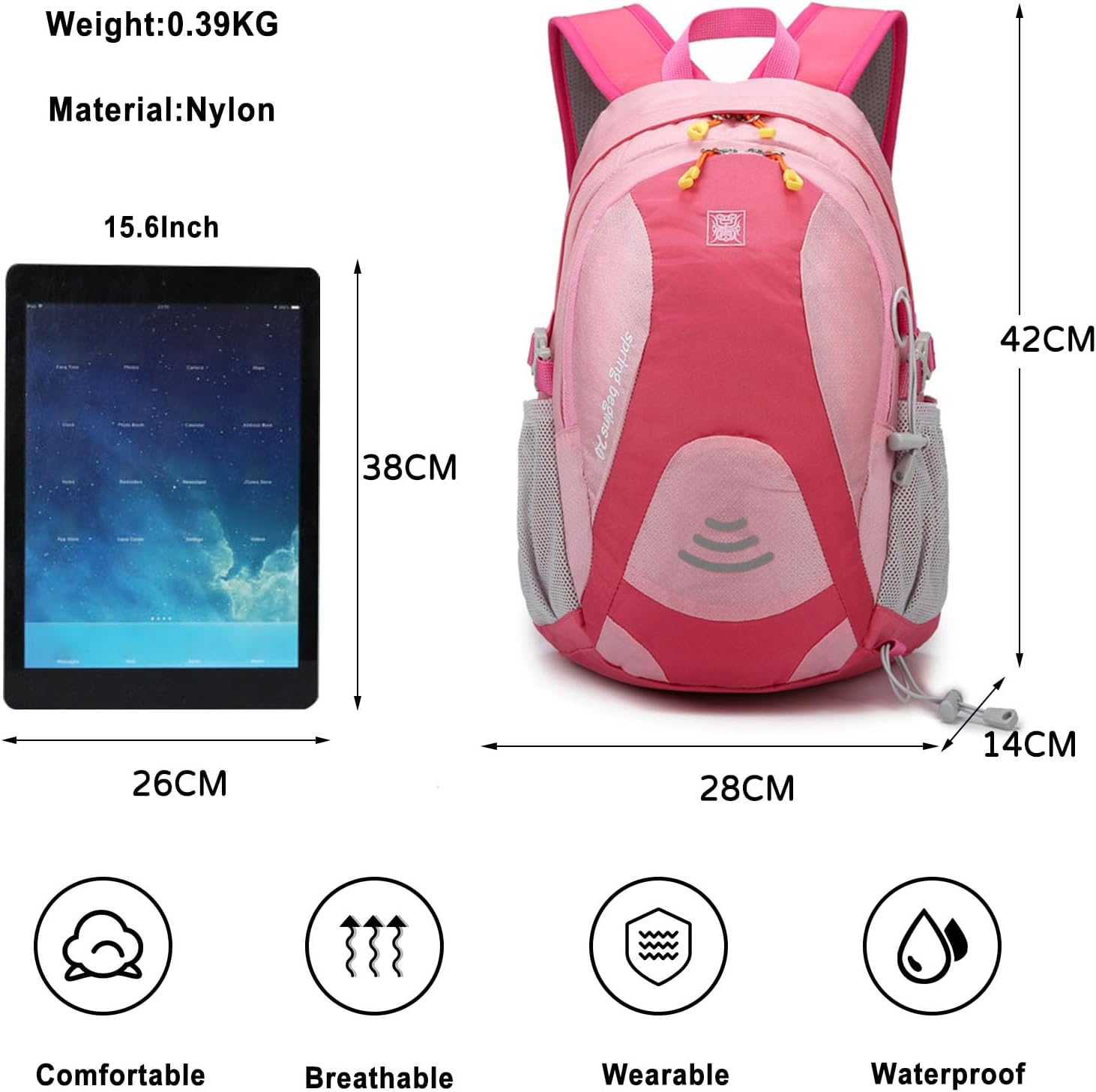 PORRASSO Hiking Backpack Waterproof Daypack 20L Rucksack Lightweight Backpack for Women Men Trekking Cycling Climbing Outdoor Sports Light Pink