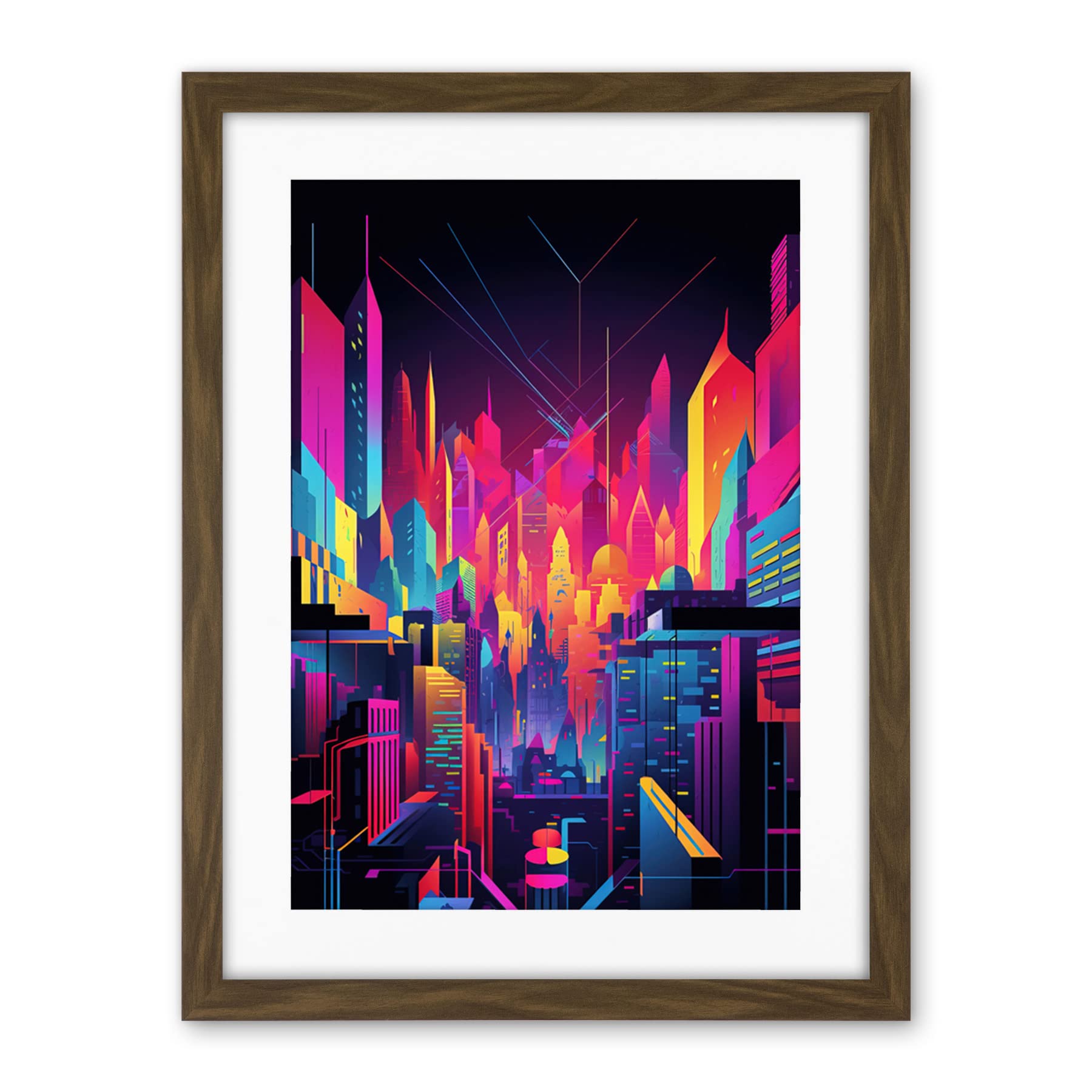 Artery8 Neon Light Colour Abstract Metropolis Cityscape at Night Modern Artwork Artwork Framed Wall Art Print 18X24 Inch