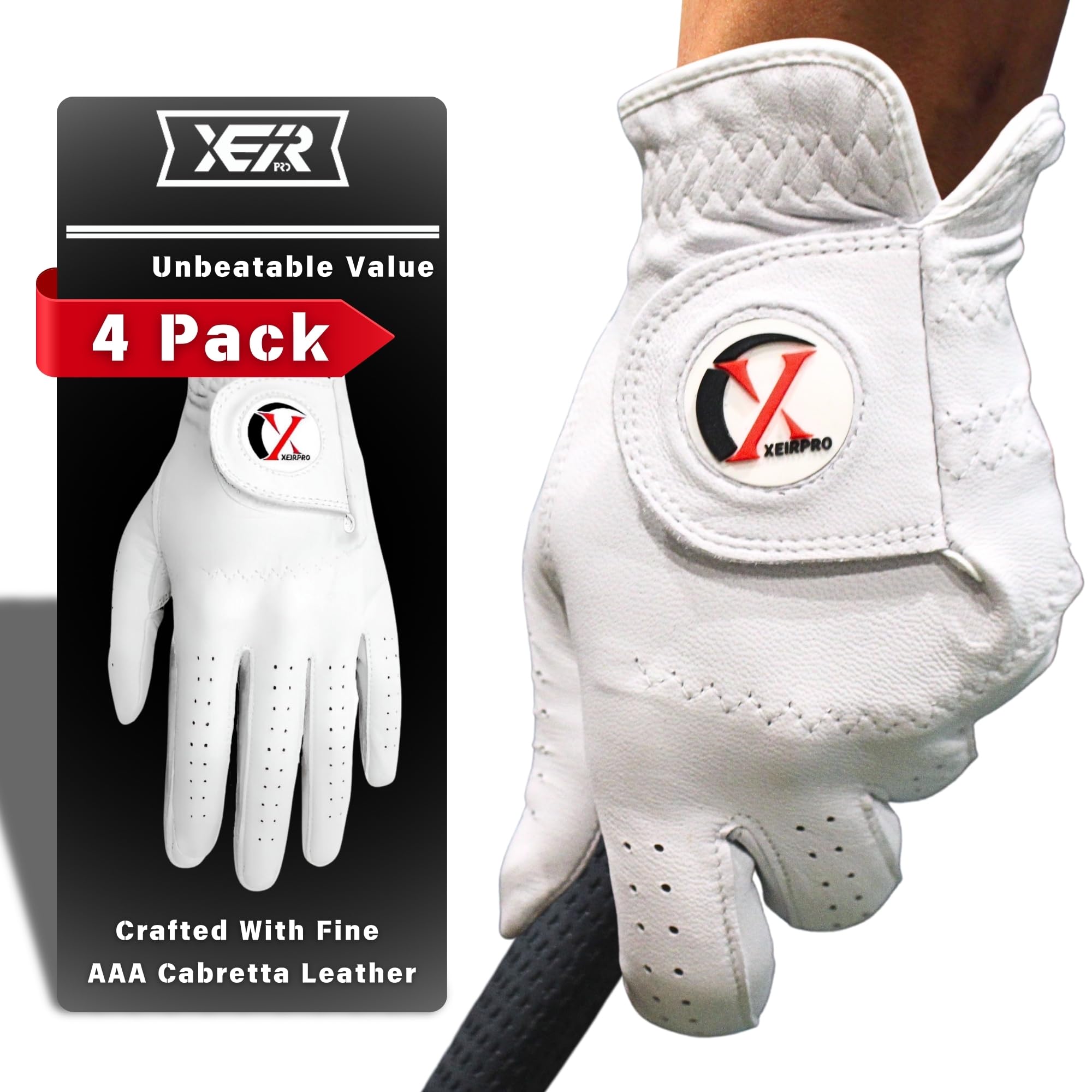Men's Golf Gloves Value 4 Pack | 100% Finest AA Cabretta Leather | Breathable and Durable Golf Gloves for Men | White Golf Gloves Worn On Left Hand for Right Handed Golfer 4 Pack