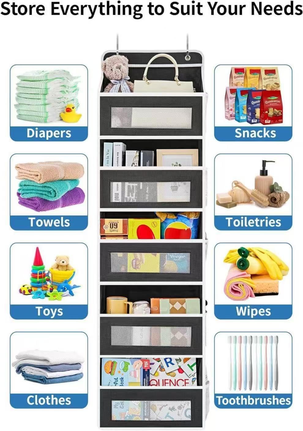 Over The Door Organizer with 10 Mesh Side Pockets, 5 Shelf Hanging Pantry Door Organizer for Bathroom & Nursery, Heavy Duty Behind The Door Storage for Toys, Diapers & Towels, Grey