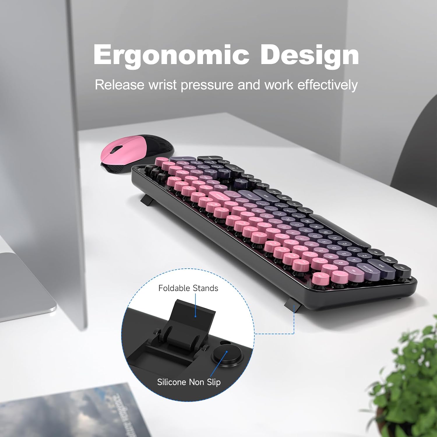 Wireless Keyboard and Mouse Combo, MOWUX Full Size Typewriter Retro Round Computer Keyboard, Cute Optical Mouse Wireless, Plug and Play, for Laptop, PC, Computer- Plum Pink Gradient
