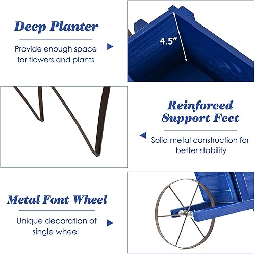 Miniatura 3 de Safstar - Maceta de madera para carretilla, con rueda de metal y 9 accesorios magnéticos reemplazables, maceta de madera para decoración de