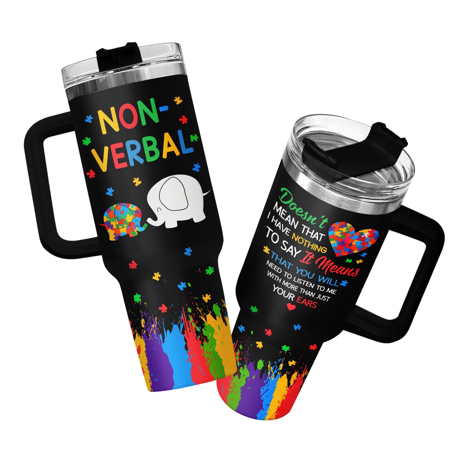 34HD Elephant Autism Tumbler with Handle and Straw, Autistic Mom Coffee Cup 40oz, Inspirational Autism Awareness Gifts for Women Teacher Mothers Day