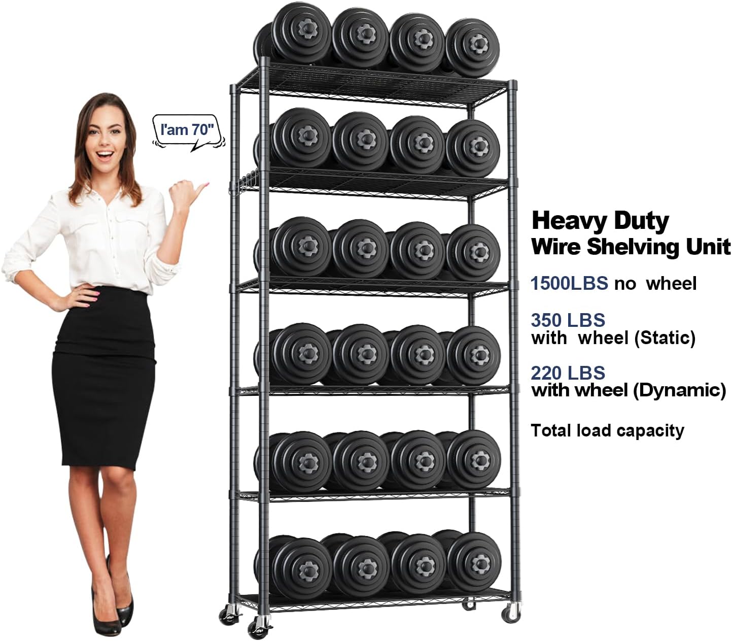 Himix 73''H X 35.5''W X14''D 6 Tier Wire Shelf with Wheels 10 Hooks, Adjustable NSF Wire Shelving Unit Heavy Duty Metal Storage Shelves Free Standing Rack Organization for Pantry,Kitchen,Garage - Image 6