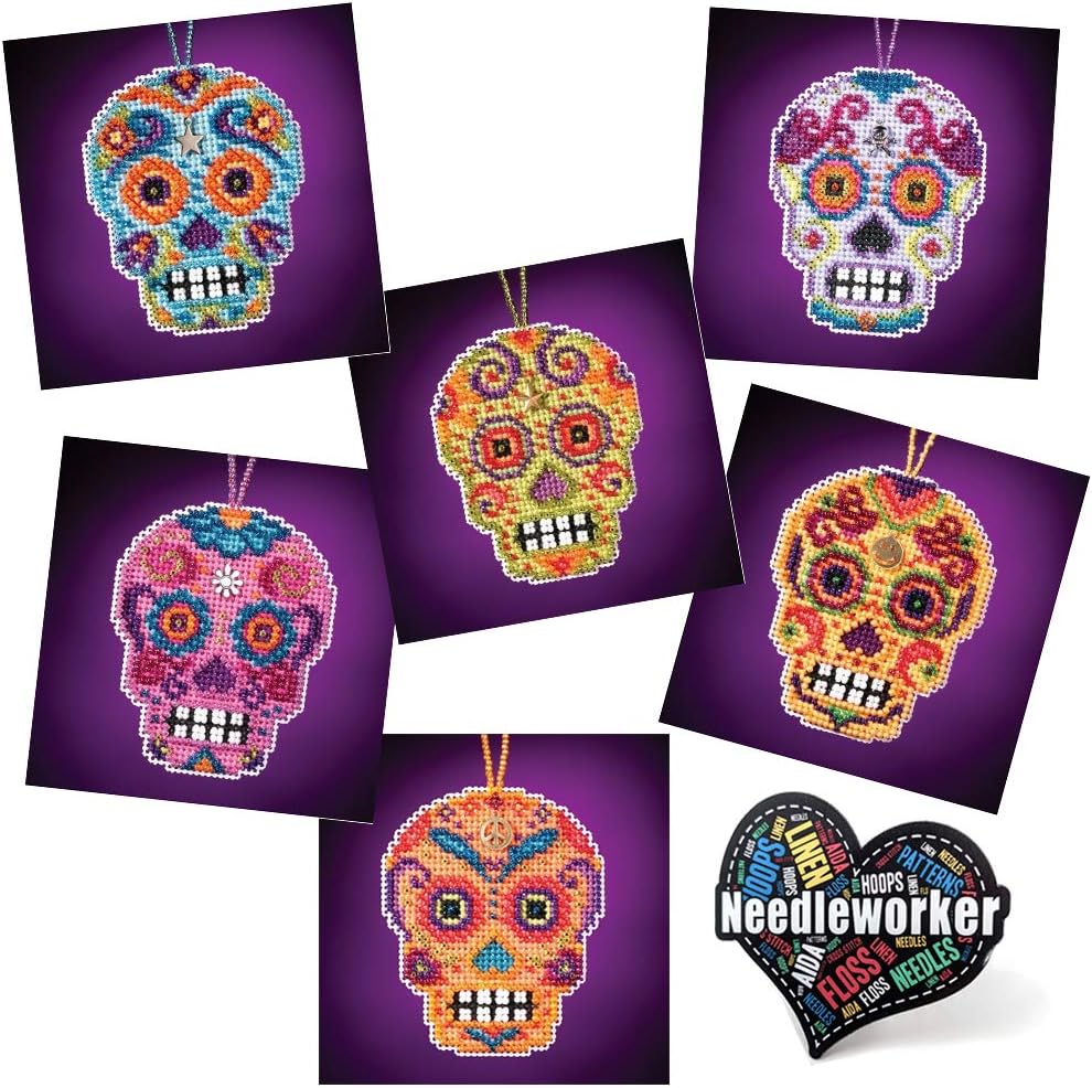 Sugar Skulls Beaded Counted Cross Stitch Kits - Mill Hill Autumn Series 2016-6 pc. Set Plus Decorative Needleworker Sticker