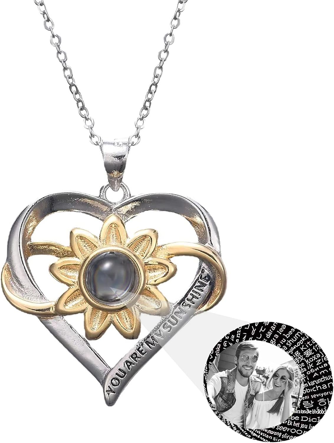Personalized Sunflower Photo Necklace Heart Projection Pendant with Picture 925 Silver Love Necklace Custom Jewelry for Women
