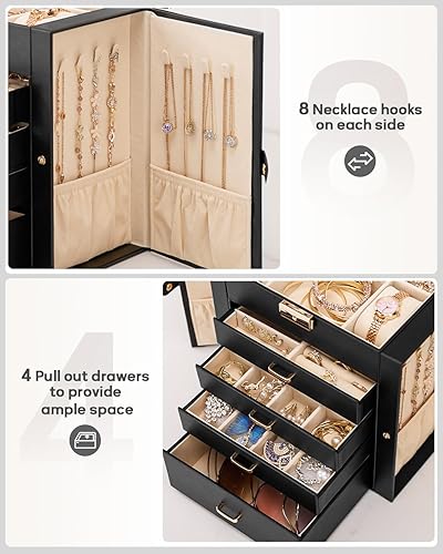 Miniatura 5 de Homde Regalos de Navidad de cuero sintético, enorme joyero, organizador de reloj con espejo, collar, anillo y aretes, estuche de regalo con Dorado