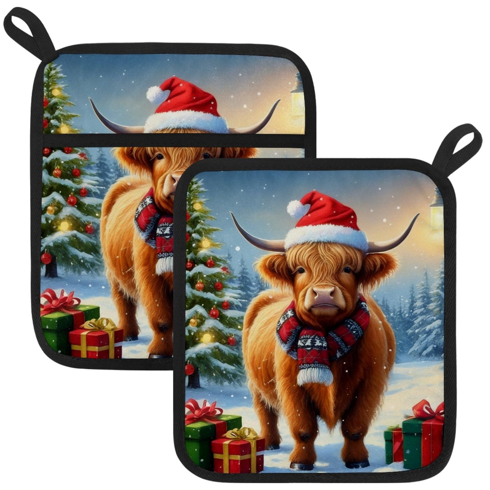 VAPOKF Christmas Highland Cattle Pot Holders with Pocket for Kitchen Heat Resistant Potholders Large Polyester-Cotton Square Oven Mitts Set