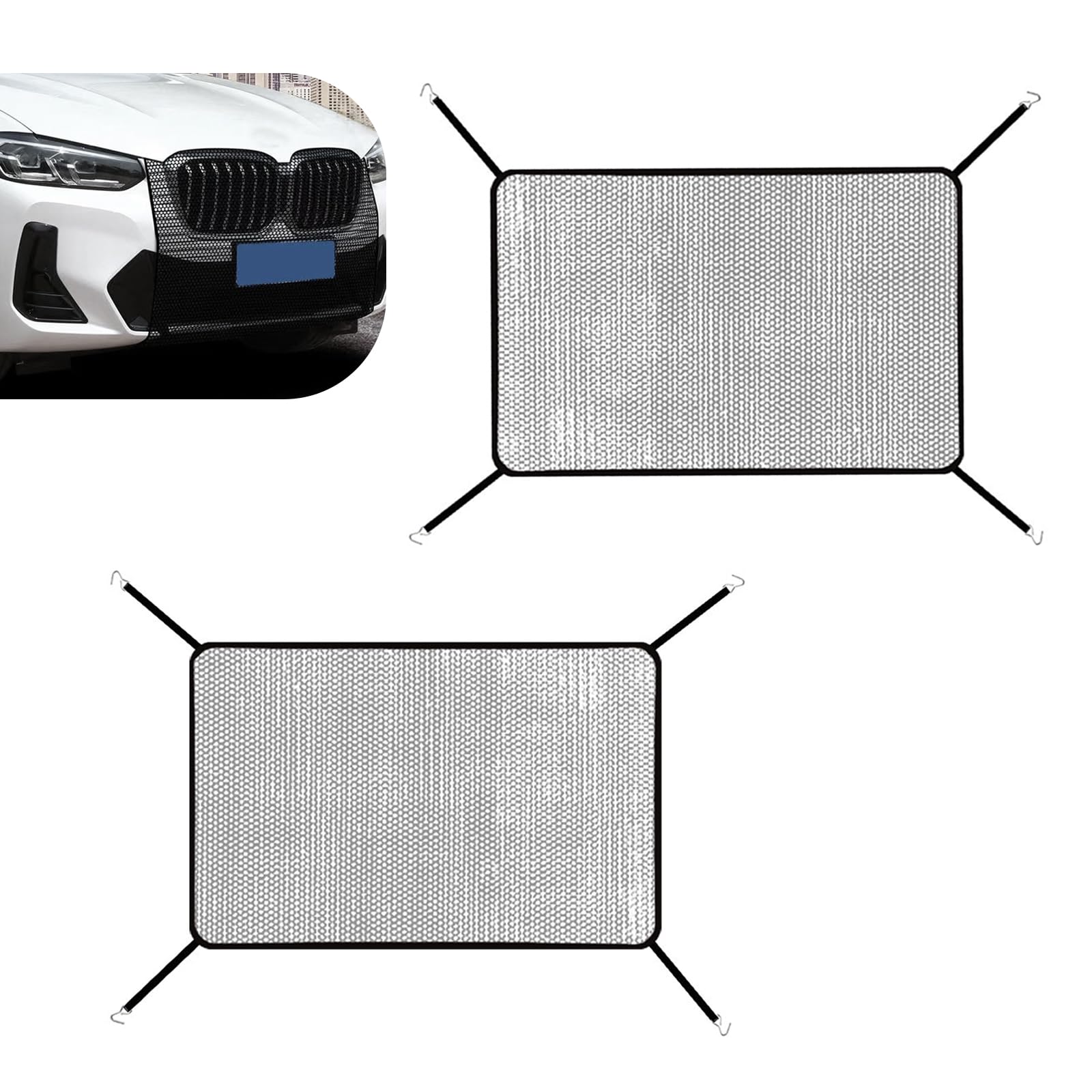 MOXRUQ - 2 redes protectoras para rejilla de coche con ganchos (91,4 m x 64,4 m), multifuncionales, para evitar que piedras, suciedad y hojas entren en la rejilla, universales para la mayoría de los coches, color negro