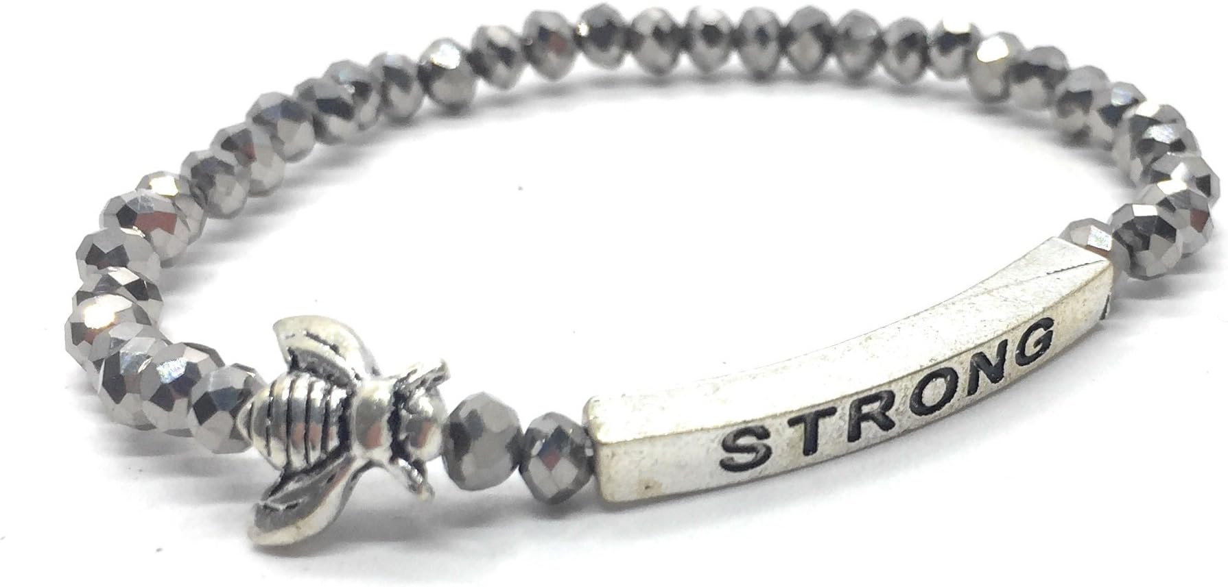 Bumble Bee Strong Inspirational Quote Bracelet Bead Stacking Stretch Made in USA (Silver)