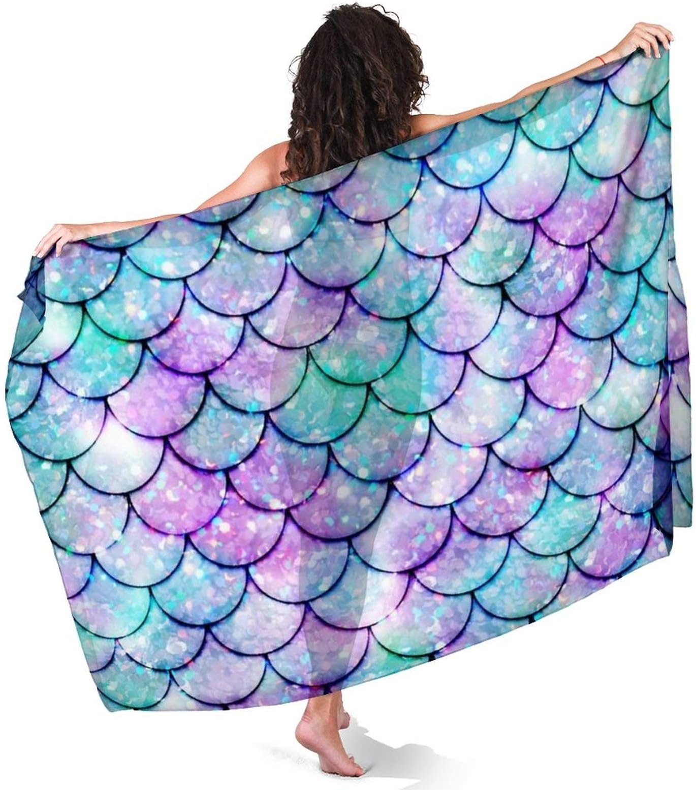 Mermaid Sarong Coverup for Women, Sparkling Mermaid Scales Swimsuit Beach Wrap Womens Swimsuit Skirt Scarf Pareo Sheer Chiffon Bikini Bathing Suit Dress