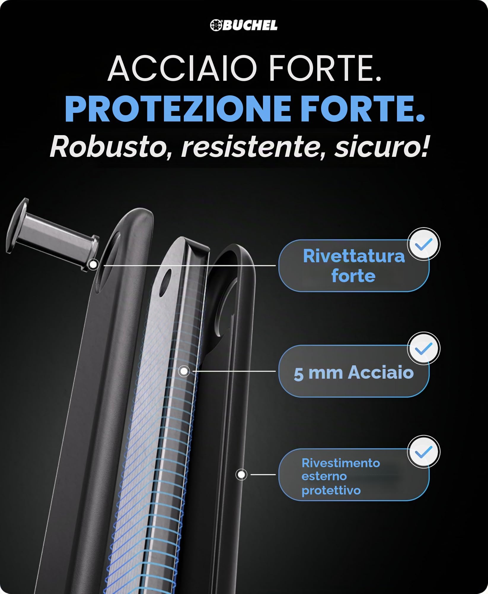 BÜCHEL Sekura Lucchetto Bici 85 cm – Catena Antifurto in Acciaio Temperato per E-Bike, Moto, Bicicletta con Supporto e 3 Chiavi