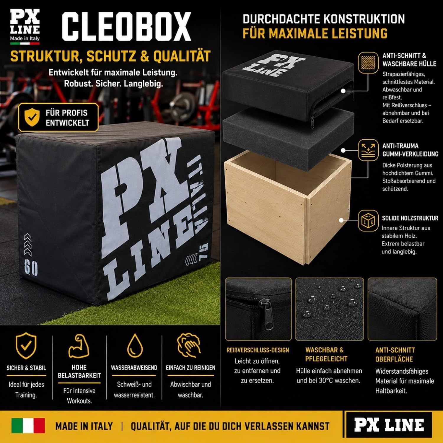 PLYOBOX Line – Soft Plyo Box 3 in 1 aus Holz | Gepolstert, Rutschfest & Verletzungsschutz | Bereits Montiert | Plyometrische Box für Crossfit, Home Gym & Fitnessstudio | Handgefertigt & Made in Italy