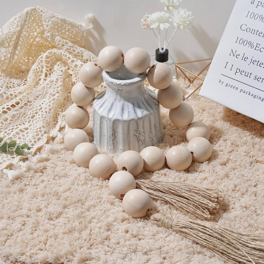 Oversized Wood Bead Garland, 1.6" Diameter Large Natural Chunky Wood Bead, 41" Long Farmhouse Tray Garland with Tassels, Coffee Table Decor Farmhouse Tray Garland