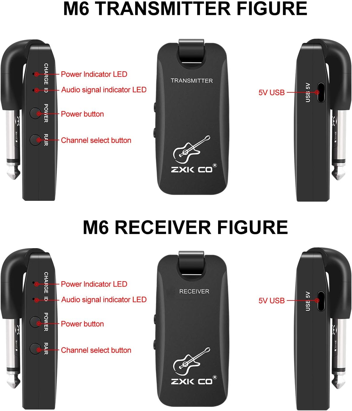 Wireless Guitar System, ZXK CO 5.8 GHZ Wireless Audio Transmitter Receiver Support 8 Channels Rechargeable Electric Guitar Digital Transmitter Receiver Set Bass Music Accessories : Musical Instruments
