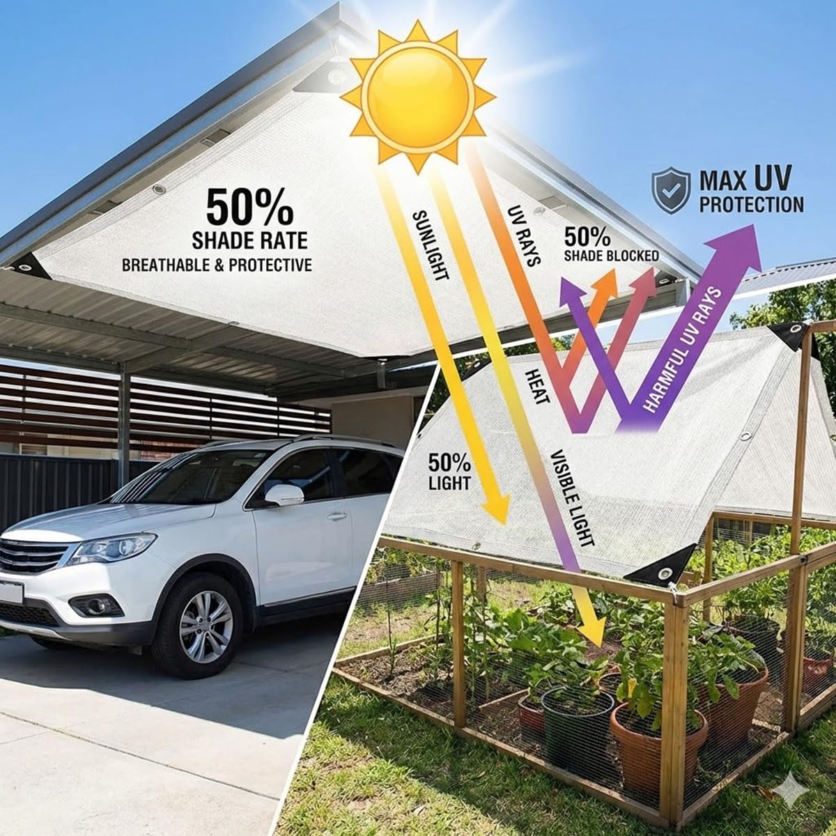 Filet solaire respirant 50 % blanc avec œillets pour serre et jardin (8 x 8 m) Idéal pour les plantes et la terrasse Protège des UV et léger