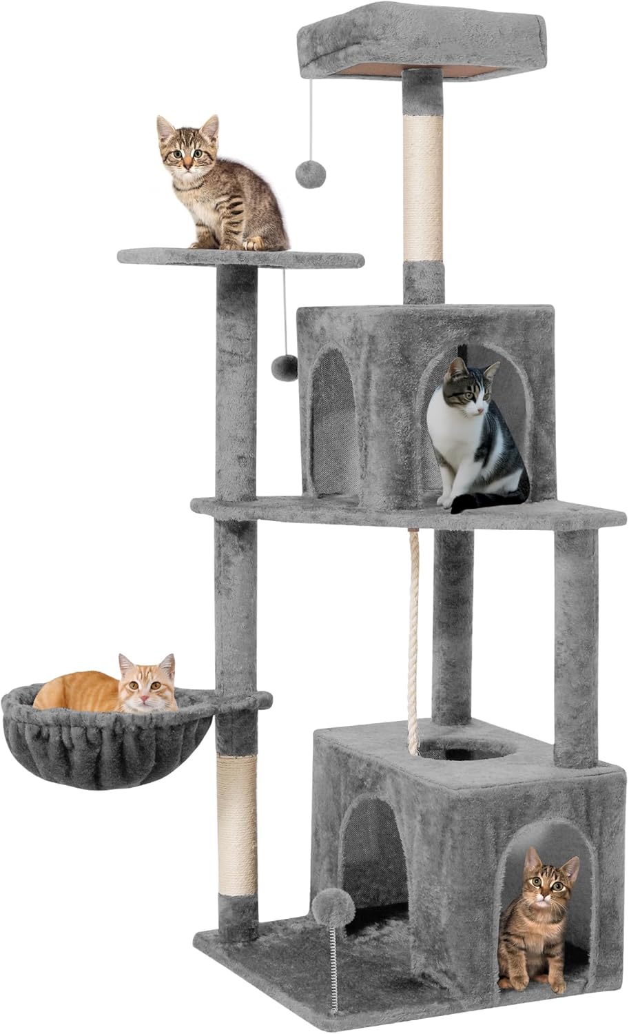 Cat Tree 54-Inch Cat Tower with Padded Plush Perch 2 Comfy Caves, Scratching Posts, Basket, 2 Pompoms, Multi-Level Plush Cat Condo for Indoor Cats Kittens, Black