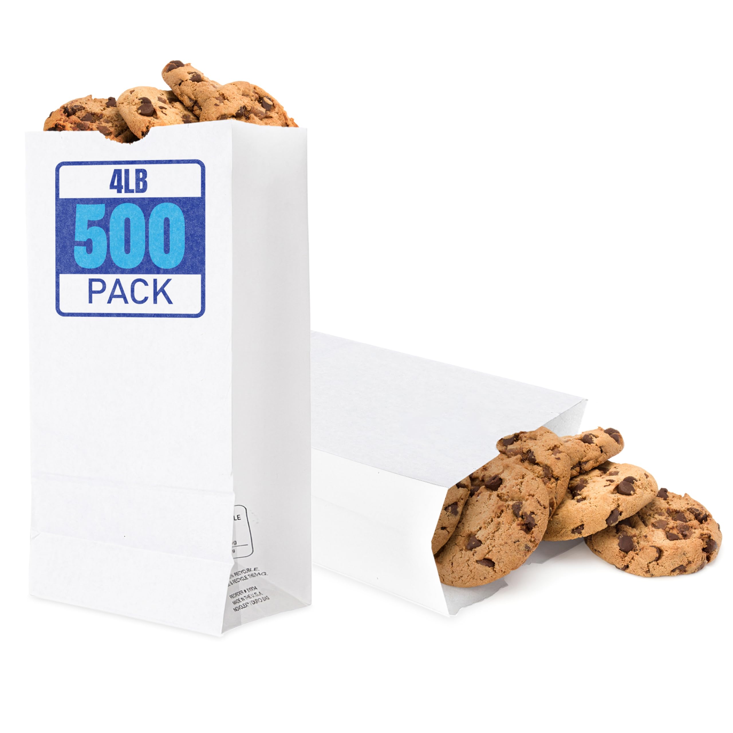 4 Lb Kraft White Paper Bags Lunch (500 Count) - Bulk Disposable Lunch Sacks, Small Size Blank Bag for Kids, Good for a Snack, Sandwich, Grocery Food,