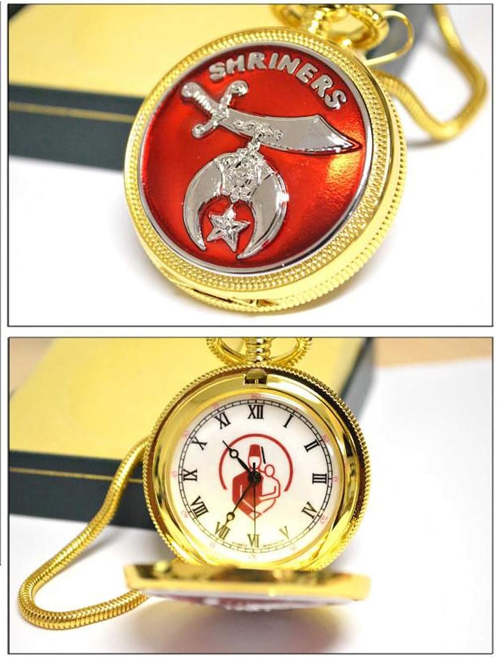 3 Piece Jewelry Set - Freemason Pendant, Bracelet & Shriner's Pocket Watch Gold Tone Steel. Freemason Carrying Child. Masonic Order Symbolism