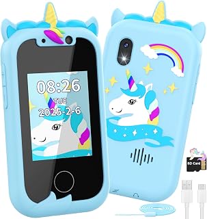 Kids Smart Phone Toys with Case, Dual Camera Travel Toys Educational Games, 2.4" Touchscreen Games Music Player SD Card, Gifts for 3-7 Year Old Girls Boys (Blue)
