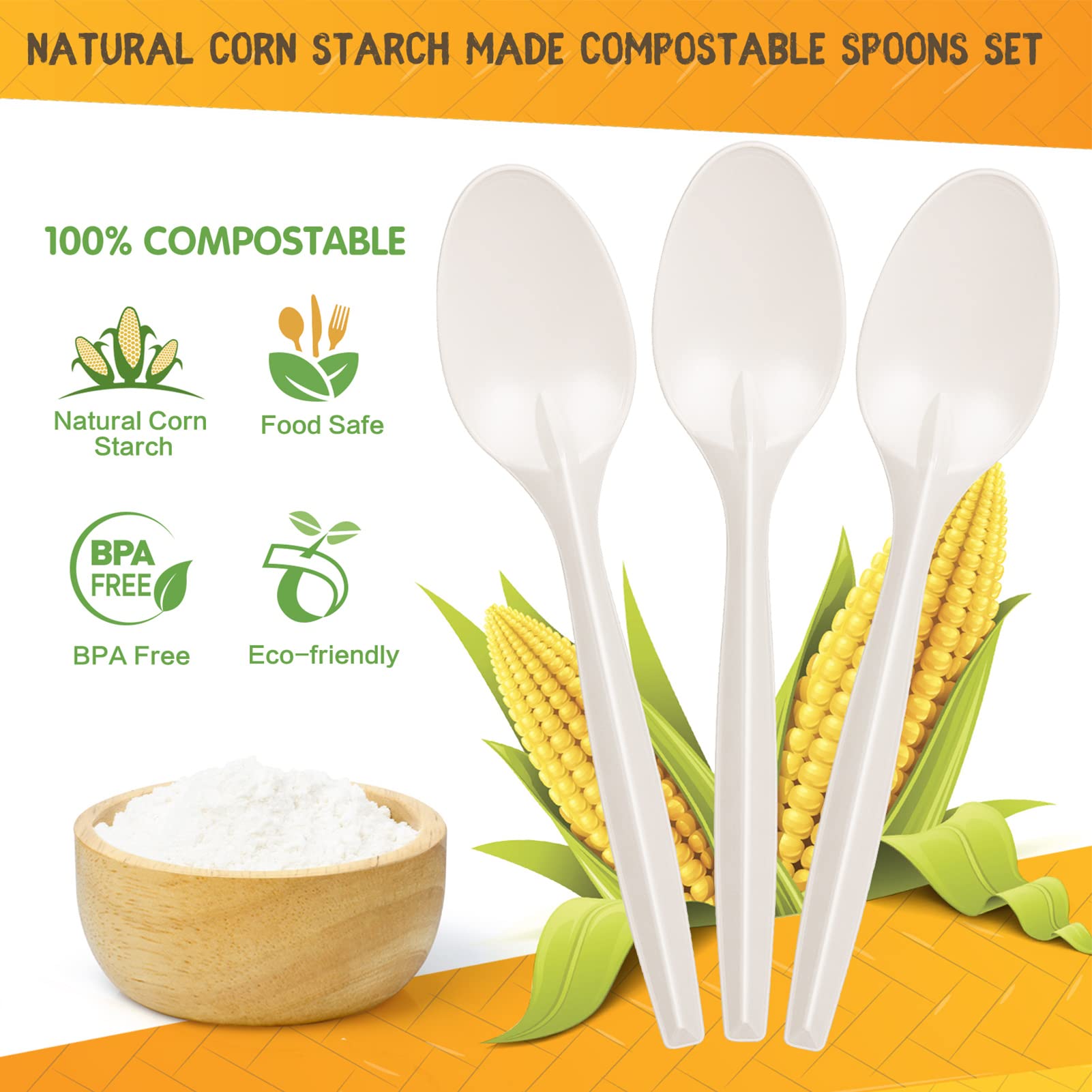 Cucharas compostables, paquete de 50 cucharas desechables de 6.7 pulgadas, sin plástico, juego de cubiertos biodegradables resistentes para fiestas, bodas, campamentos, oficina, picnic 3