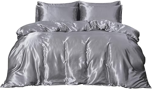 Vista 13 de Juego de funda de edredón de satén, tamaño Queen / Matrimonial, ropa de cama de edredón de lujo suave y sedosa, funda de edredón de satén sedoso
