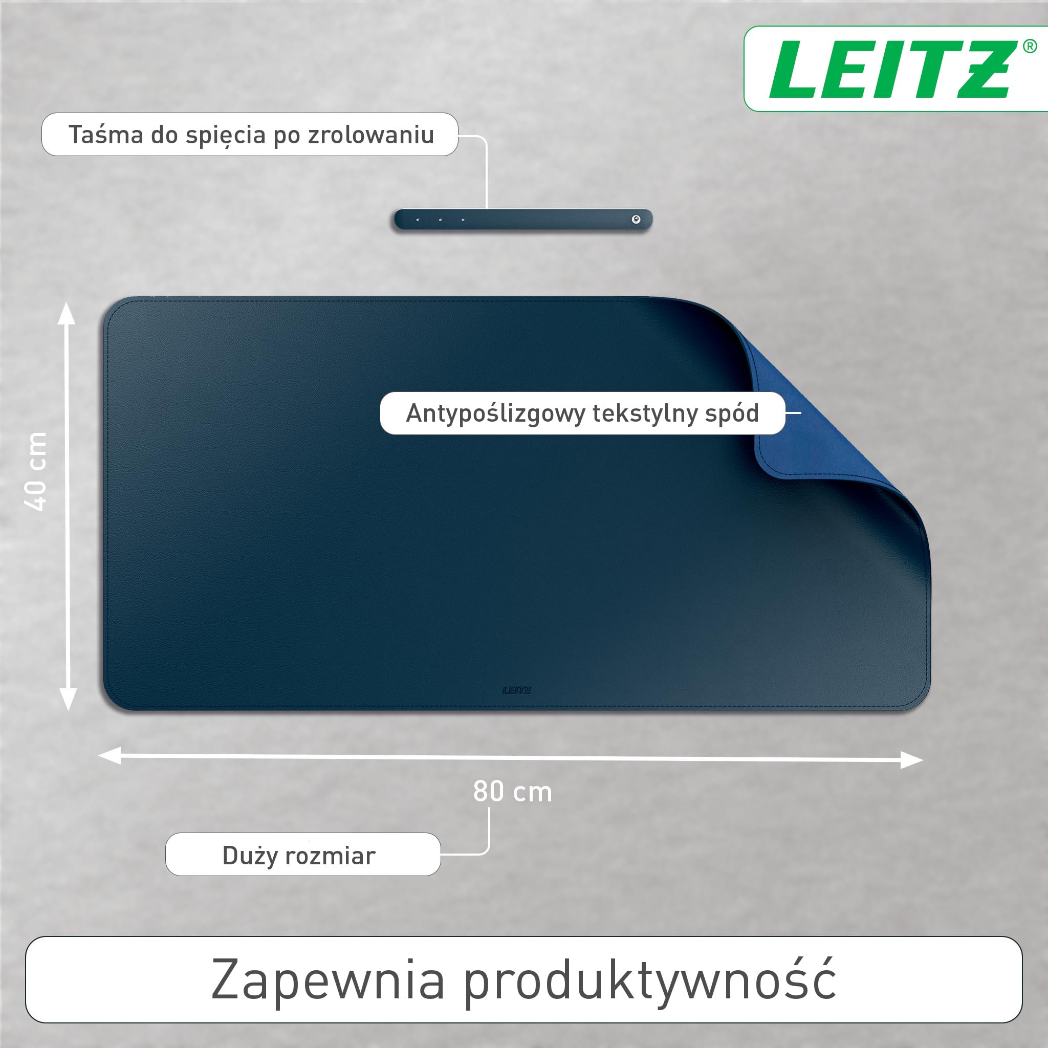 Duża mata Leitz na biurko – Łatwa do czyszczenia, wodoodporna mata ochronna pomaga utrzymać porządek na biurku, 80 x 40 cm, ciemnoniebieska